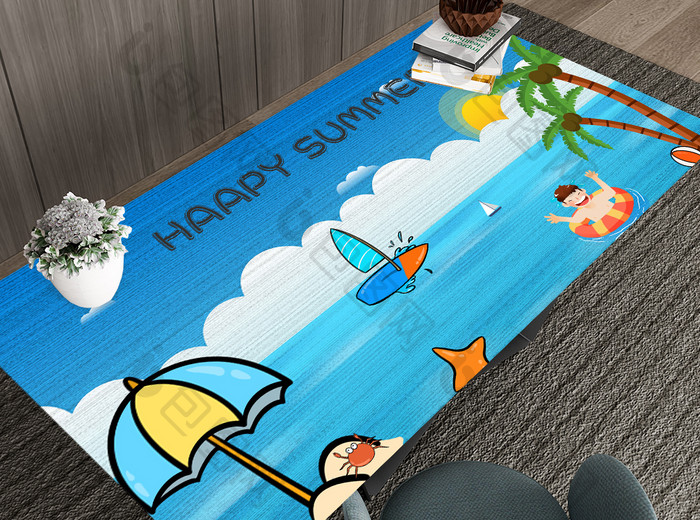 蓝色夏日海滩卡通桌垫