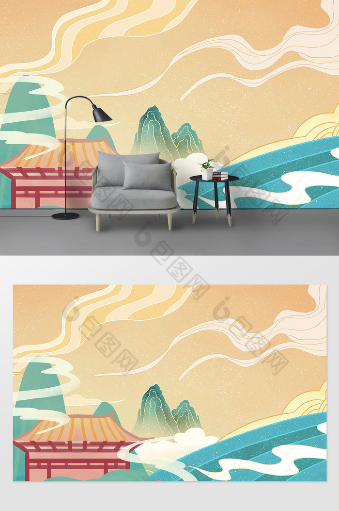 国潮山水插画纹理背景墙图片图片