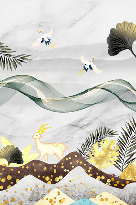 新中式轻奢抽象线条仙鹤麋鹿装饰画