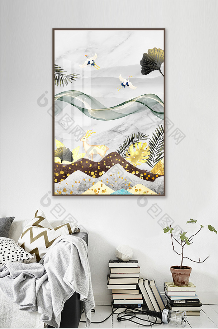 新中式轻奢抽象线条仙鹤麋鹿装饰画图片图片