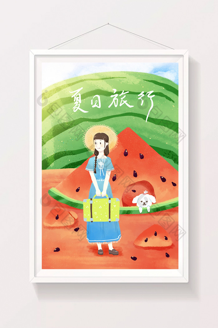 红绿色清新扁平风女孩夏日旅行西瓜插画