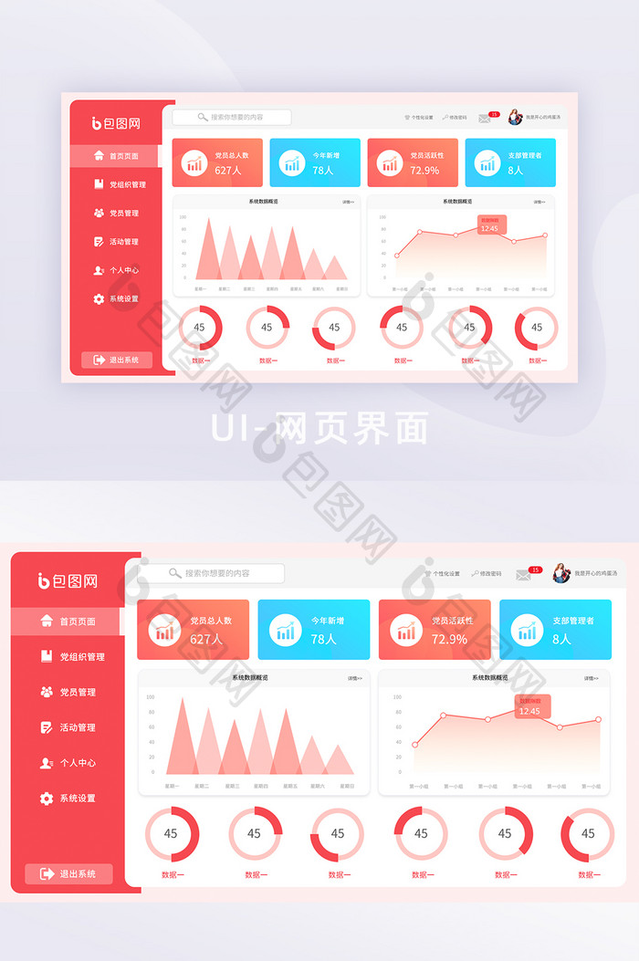 红色党建全套网页后台设计首页界面