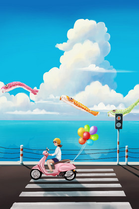 夏天小暑女孩在海边骑电动车插画