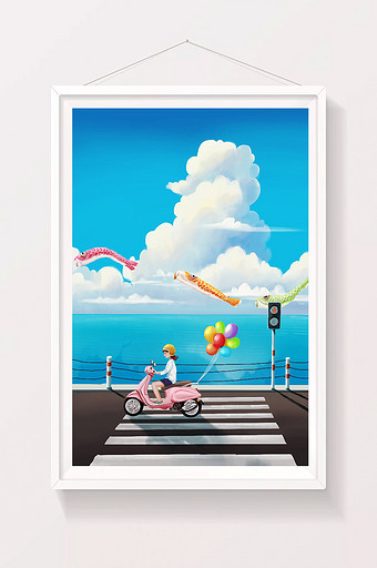 蓝色夏天小暑女孩在海边骑电动车插画图片