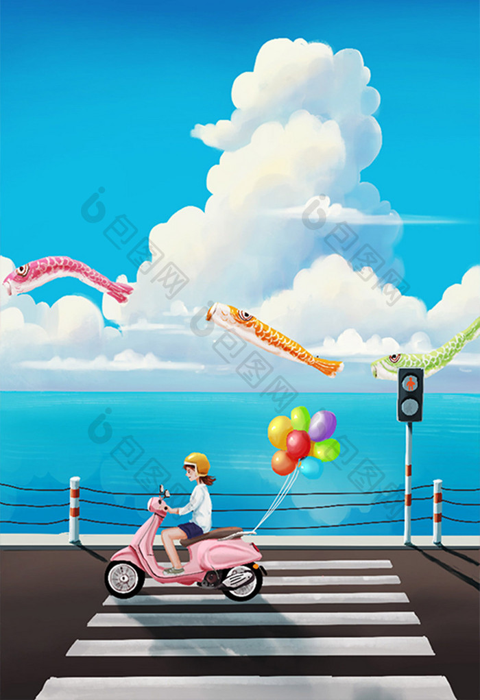 蓝色夏天小暑女孩在海边骑电动车插画