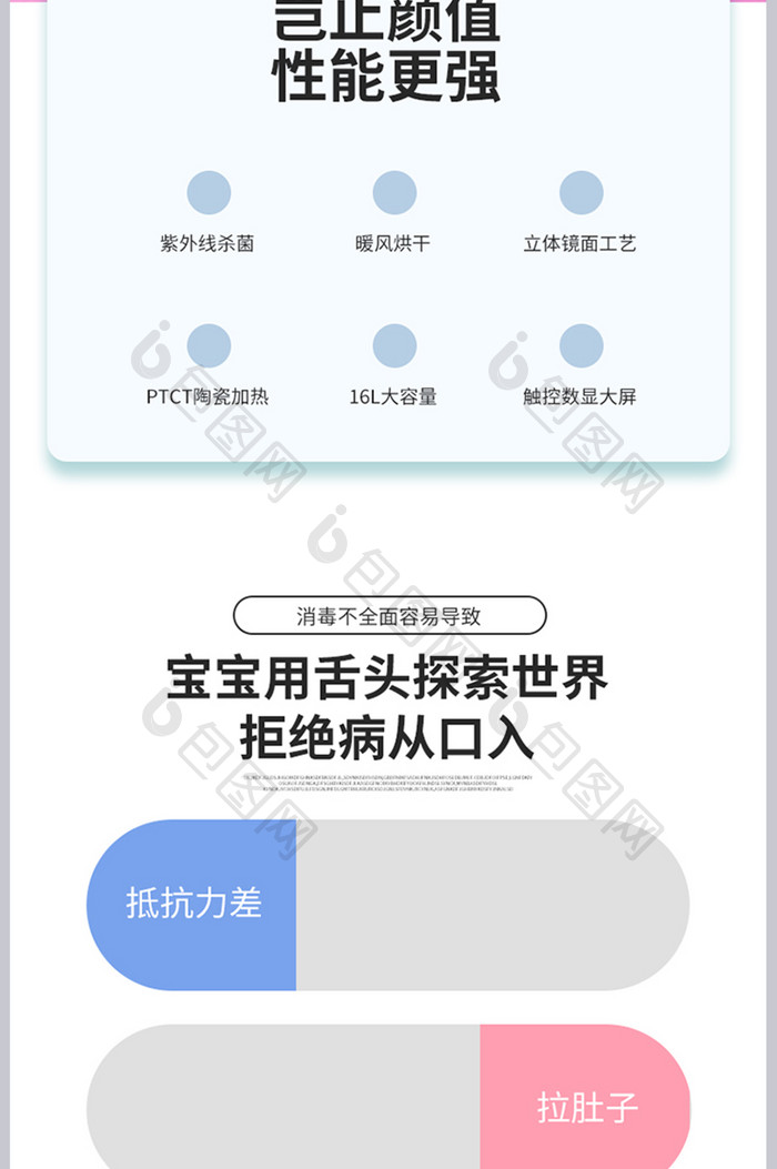 清新简约母婴奶瓶消毒柜详情页设计模板图片