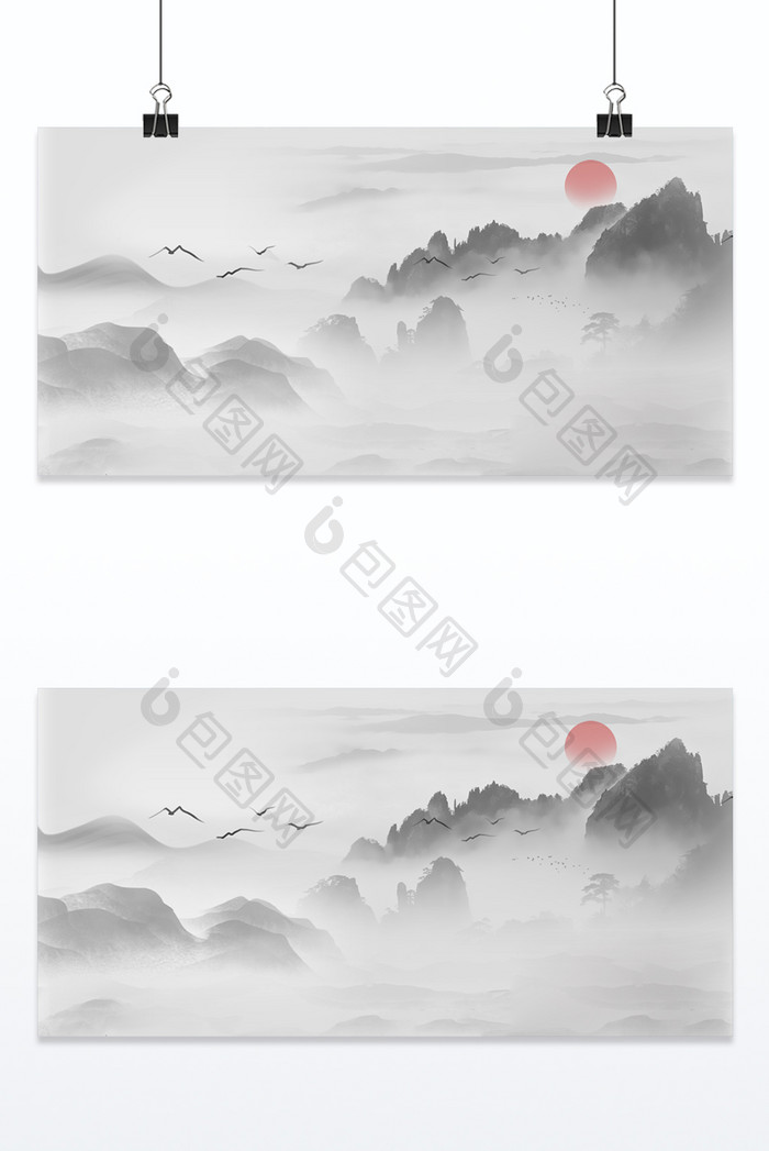 中国分水墨画日出背景图