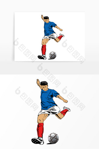 红蓝色活力足球运动健将踢球射门元素图片