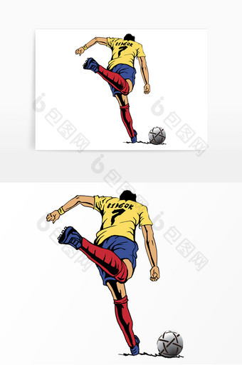 黄蓝色卡通足球运动健将踢球射门插画图片