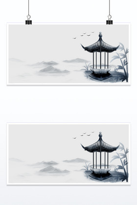 水墨凉亭山川飞鸟远眺