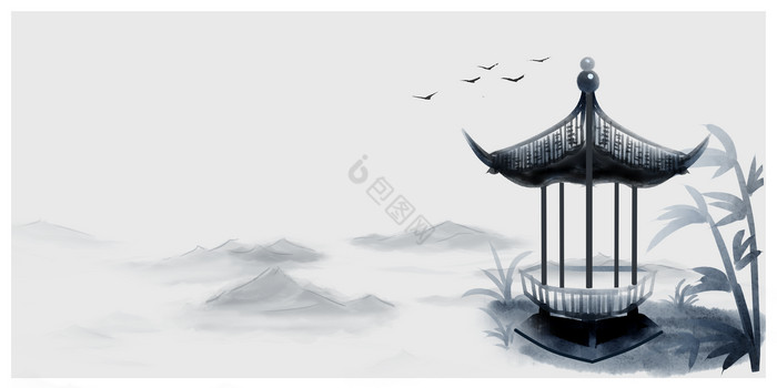 水墨凉亭山川飞鸟远眺图片