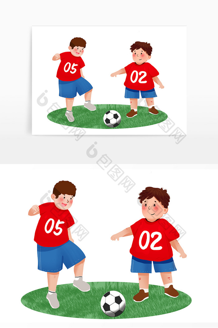 红色扁平风活泼可爱儿童踢足球运动元素