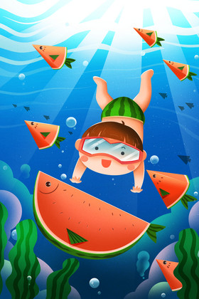 夏日清凉西瓜鱼插画图片
