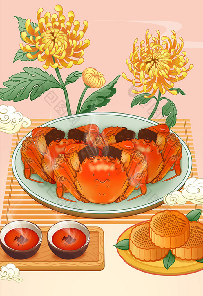 温馨中国风大闸蟹节日美食插画