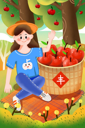 自然立秋苹果大丰收节气插画