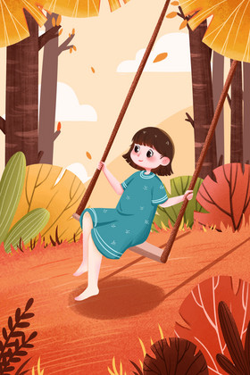 立秋节气女孩在树林荡秋千插画图片