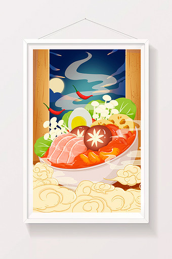 中国风国潮手绘美食红油火锅麻辣烫海报插画图片