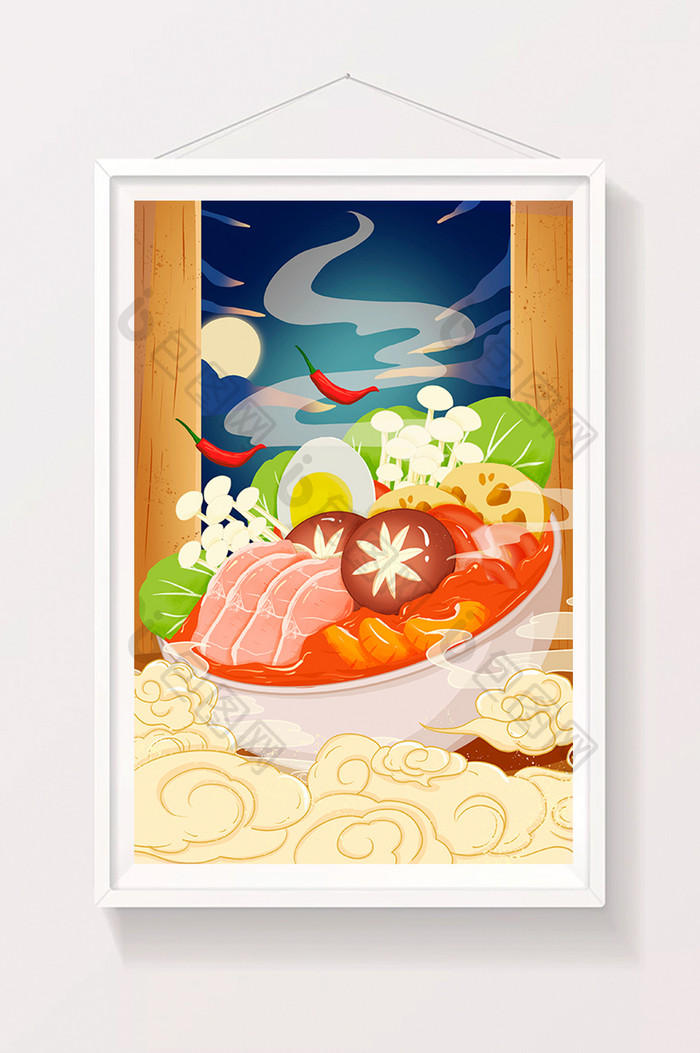 中国风国潮手绘美食红油火锅麻辣烫海报插画