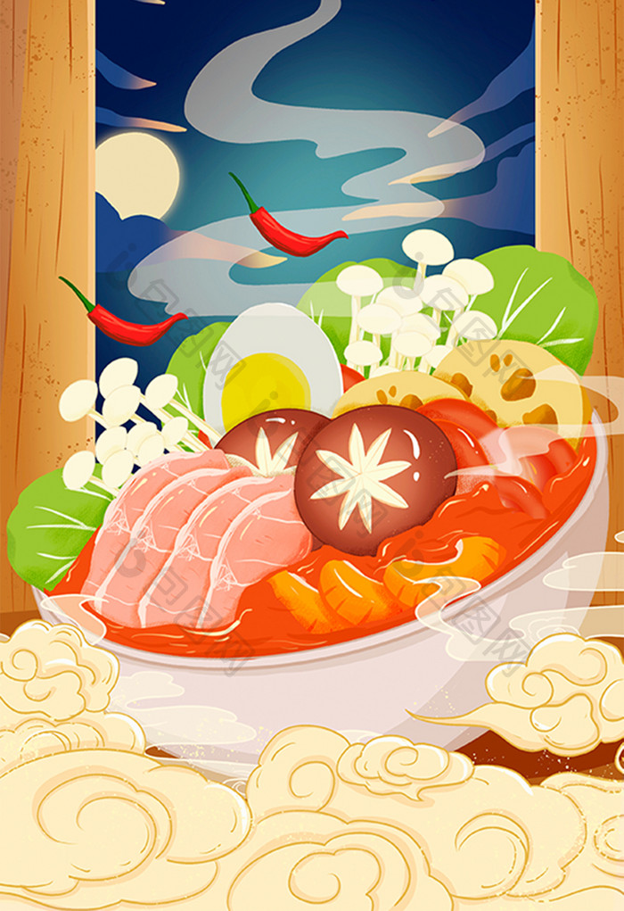 中国风国潮手绘美食红油火锅麻辣烫海报插画