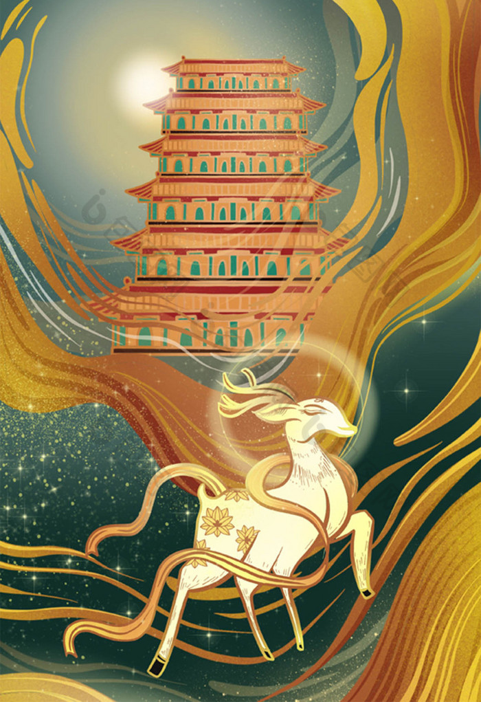 好看的敦煌建筑古风风七色鹿图片素材免费下载,本次作品主题是插画