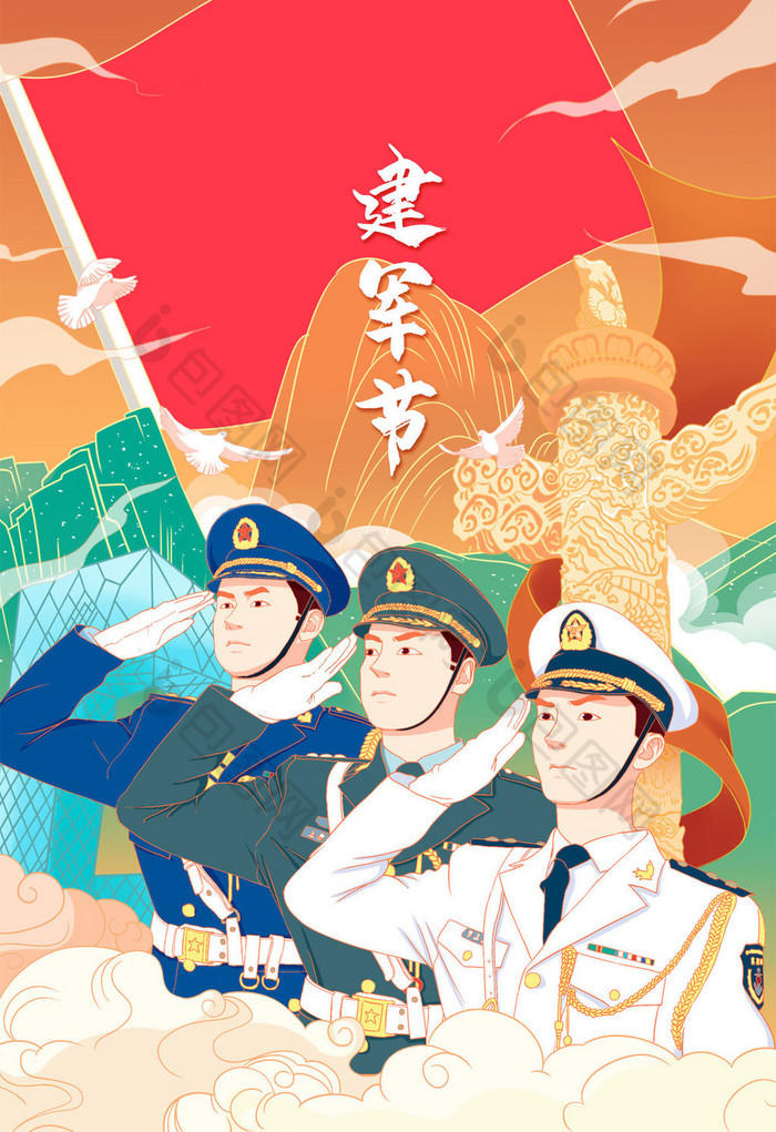国潮中国风八一建军节敬礼插画