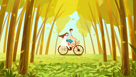 二十四节气立秋情侣出游树林插画图片