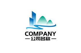 山水建筑组合蓝绿色渐变通用logo