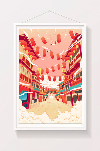 红色古代中国风国潮街道建筑灯笼插画图片