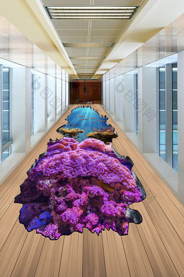 海洋3D立体珊瑚海底3D木纹地板画图片图片