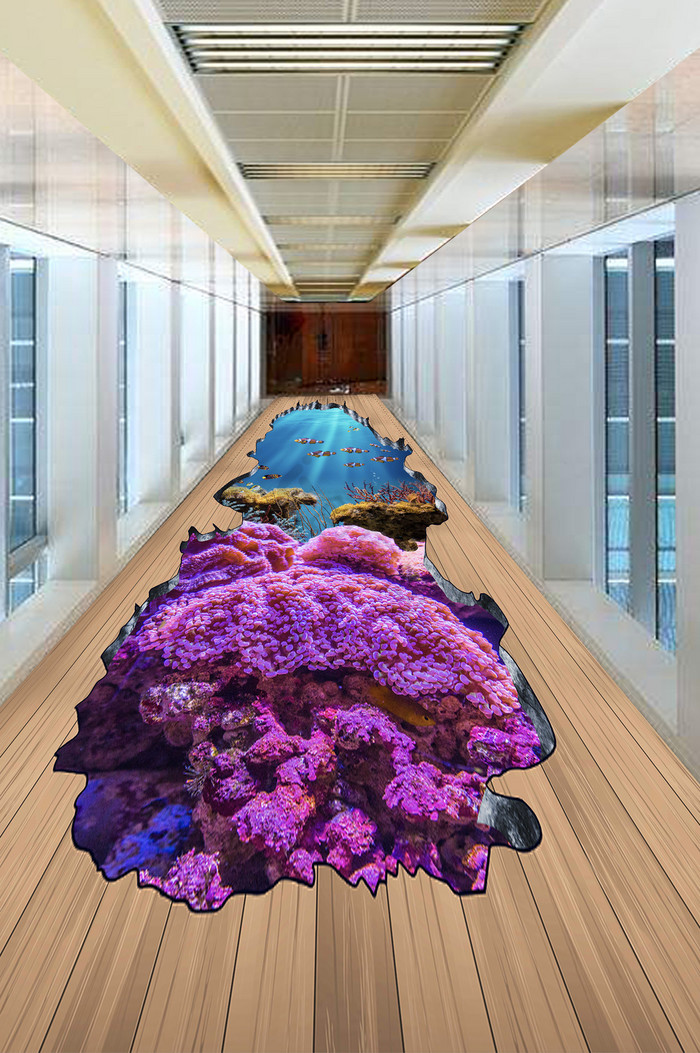 海洋3D立体珊瑚海底3D木纹地板画图片