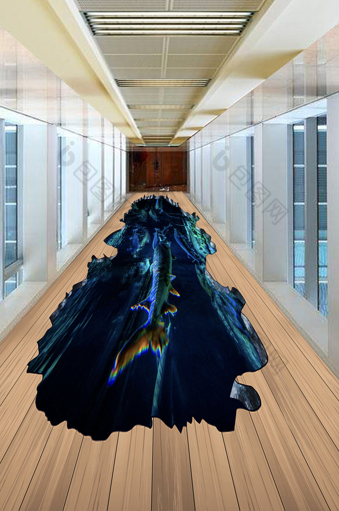 3D海底世界鱼群礁石木板地板画图片图片