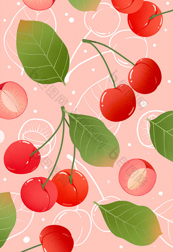 粉色樱桃水果叶子元素小清新ins风背景插画