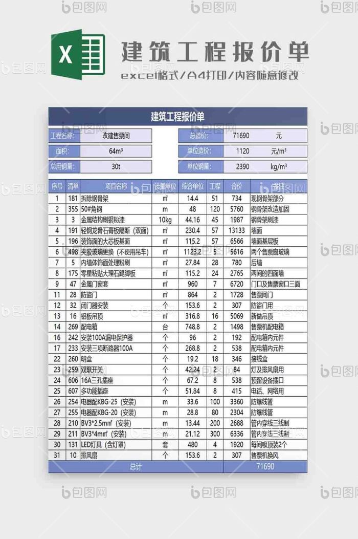 建筑工程报价单excel模板下载 包图网 