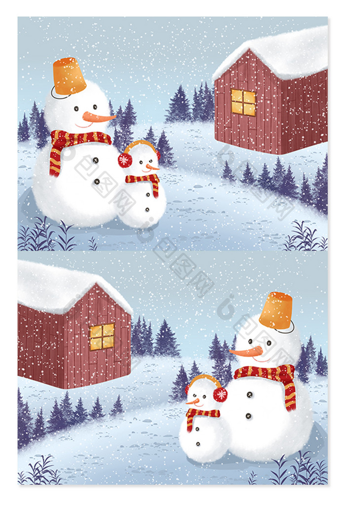 二十四节气大雪雪人雪地雪景手绘插画元素