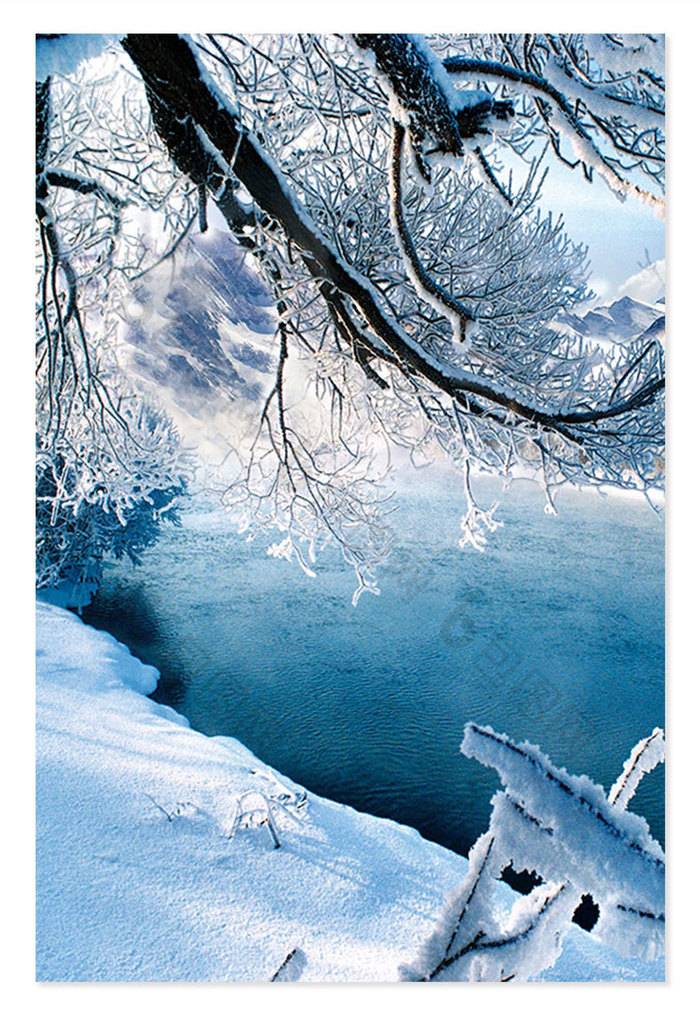 冬日雾凇雪地积雪冰山场景湖面背景