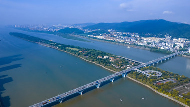 城市长沙橘子洲大桥橘子洲风景航拍延时