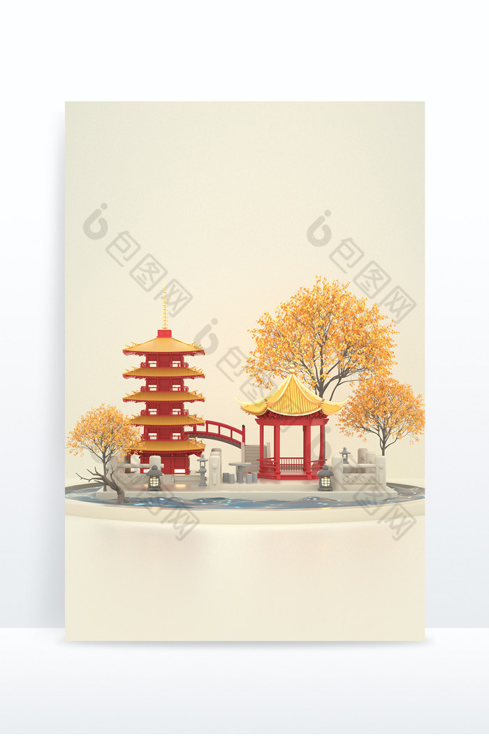 中国红古风园林艺术造型C4D古风小场景图片图片