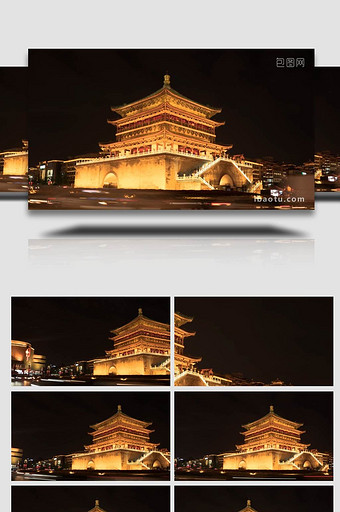 城市西安城市地标钟楼夜景车流延时摄影图片