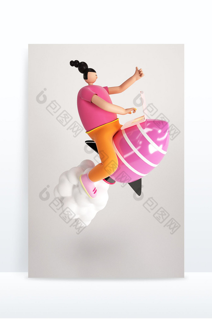 个性定制卡通风格女孩坐火箭人物C4D元素图片图片