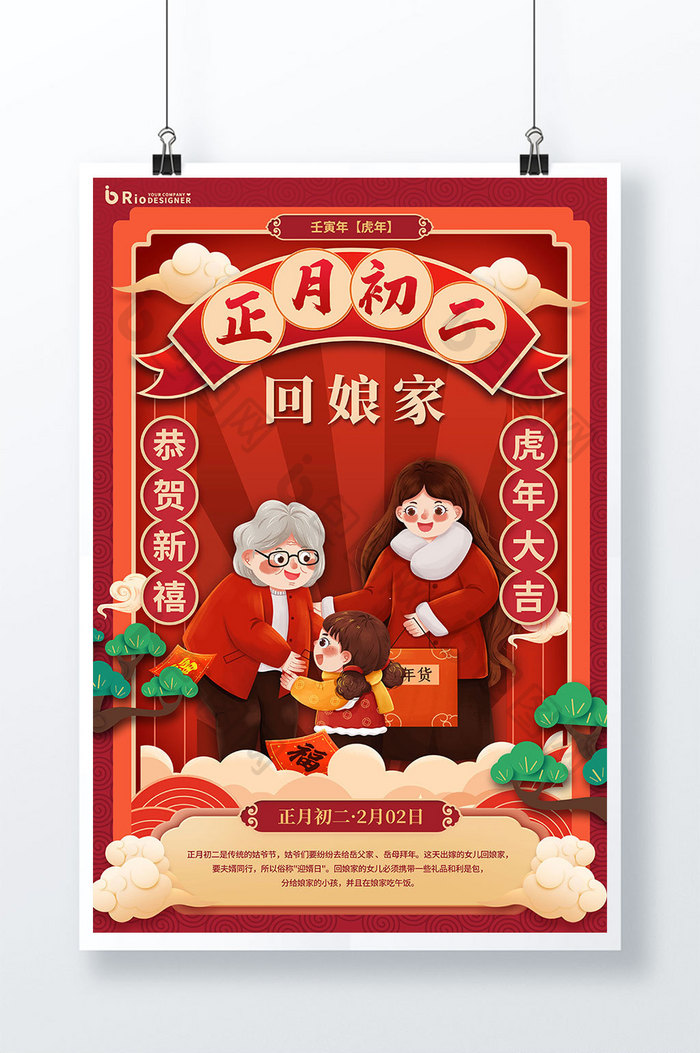 032春节习俗系列4套图正月初二海报