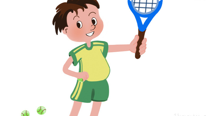 易用卡通mg动画男孩拿着网球和网球拍