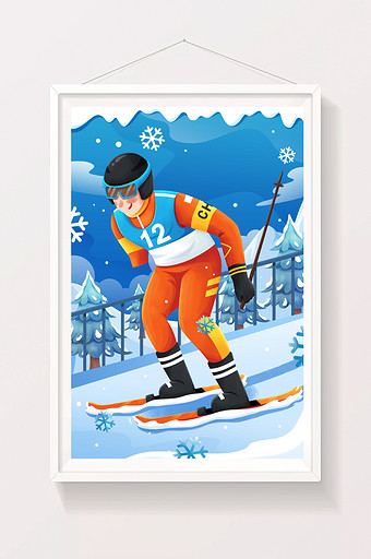 蓝色运动会越野滑雪运动员运动比赛插画图片