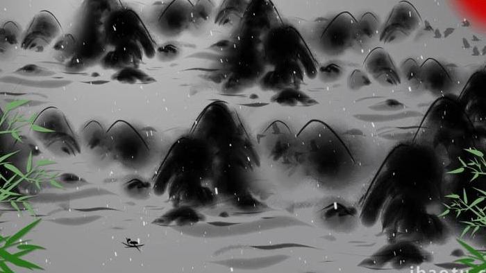 写意中国风水墨山水画飞雪无限循环背景视频
