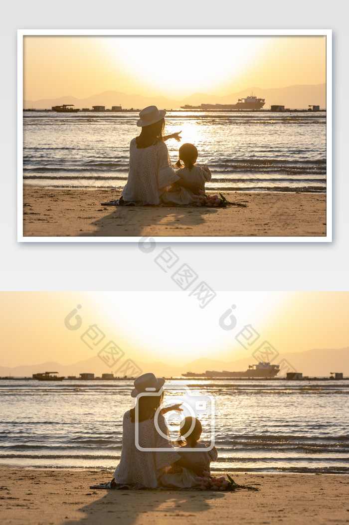 海边日落母女背影图片图片