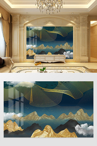 新中式鎏金山水抽象轻奢背景墙图片