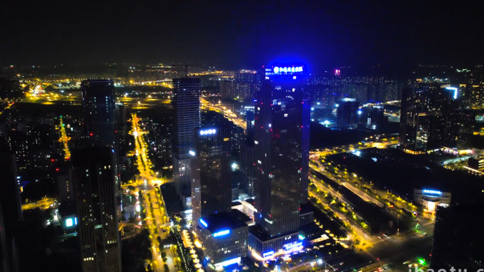 城市夜景南京河西大街金融中心高楼大厦航拍