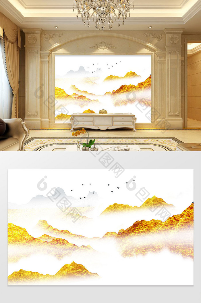 新现代中式金色山水电视背景墙图片图片