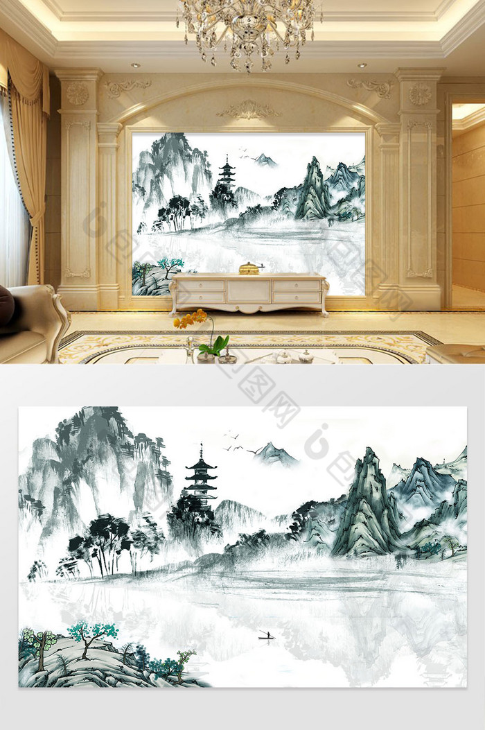 新中式水墨山水电视客厅背景墙定制图片图片