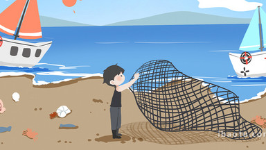 易用卡通mg动画渔民在海边赶海撒网