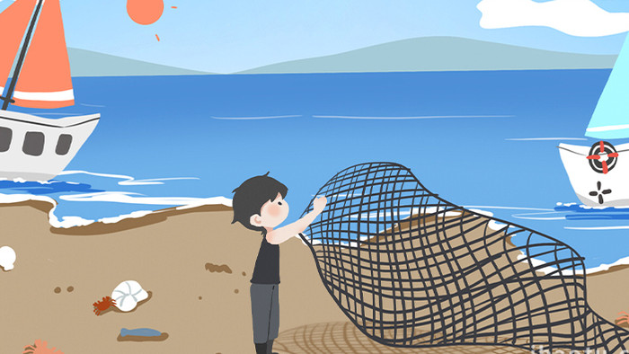 易用卡通mg动画渔民在海边赶海撒网